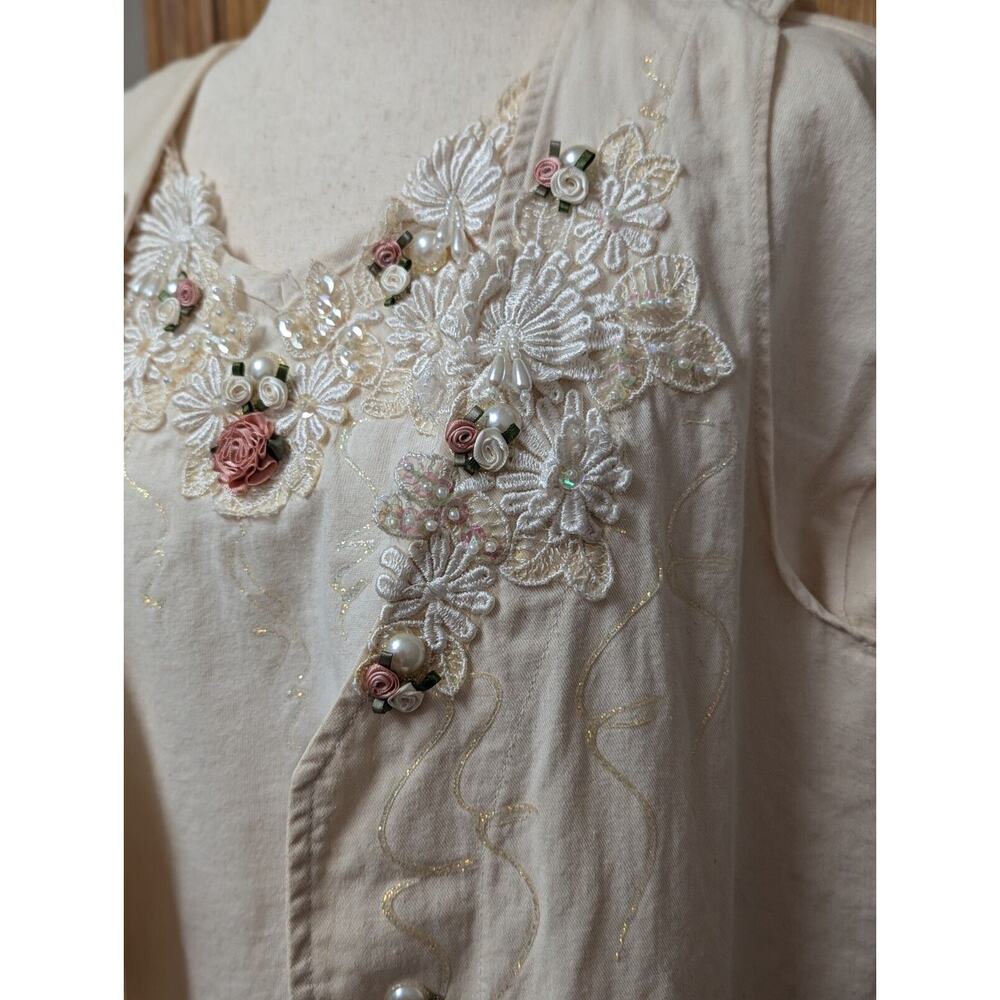 Vintage Cactus Ivory Shirt Vest Set Womens L Pearls Beads Embroidered Sequins - Picture 7 of 15